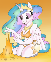 Size: 618x750 | Tagged: safe, artist:krazykari, princess celestia, anthro, belly button, bikini, clothes, sandcastle, solo, swimsuit