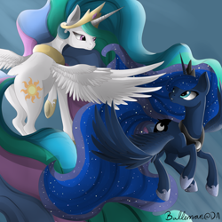 Size: 3000x3000 | Tagged: safe, artist:dreamyartcosplay, princess celestia, princess luna, alicorn, pony, crown, female, horn, mare, siblings, sisters