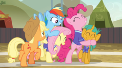 Size: 1920x1080 | Tagged: safe, derpibooru import, screencap, applejack, fluttershy, pinkie pie, rainbow dash, snails, earth pony, pegasus, pony, buckball season, cute, diasnails, hug