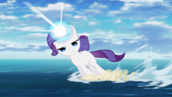 Size: 1024x576 | Tagged: safe, artist:binaryninj4, rarity, pony, unicorn, cloud, cloudy, female, filly, filly rarity, magic, rariquest, solo, water, younger