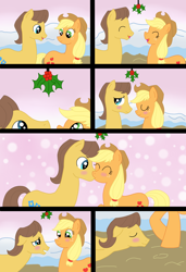 Size: 1186x1733 | Tagged: safe, artist:ojos-color-bosque, applejack, caramel, earth pony, pony, carajack, comic, faint, female, holly, holly mistaken for mistletoe, kissing, male, shipping, straight