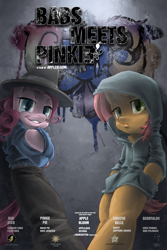 Size: 3317x4961 | Tagged: safe, artist:rouletteobsidian, babs seed, pinkie pie, pony, babs the rapper, bipedal, clothes, exploitable meme, image macro, meme, movie poster, rapper pie