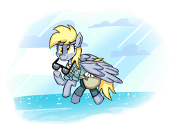 Size: 1280x1000 | Tagged: safe, artist:signal15, derpy hooves, pegasus, pony, crossover, female, flying, jamie, mailbag, mailmare, mare, ocean, solo, steven universe, sunglasses