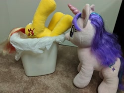 Size: 4032x3024 | Tagged: safe, starlight glimmer, sunset shimmer, pony, unicorn, abuse, background pony strikes again, build-a-bear, downvote bait, into the trash it goes, op is a cuck, op is trying to start shit, plushie, shimmerbuse, sunset shimmer's trash can, your waifu is trash