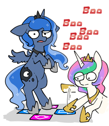 Size: 1200x1381 | Tagged: safe, artist:toki, princess celestia, princess luna, alicorn, pony, annoyed, bipedal, dance dance revolution, egophiliac-ish, female, floppy ears, frown, gamer luna, inconvenient, inconvenient celestia, inconvenient trixie, mare, open mouth, rhythm game, sibling teasing, style emulation, wat, wide eyes, woonoggles