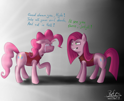 Size: 2560x2100 | Tagged: safe, artist:partes, pinkie pie, earth pony, pony, confrontation, dr jekyll and mr hyde, dr pinkie and miss pie, duality, pinkamena diane pie