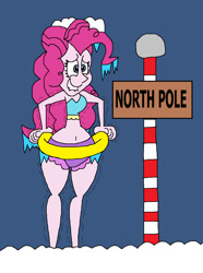 Size: 993x1337 | Tagged: safe, artist:hunterxcolleen, pinkie pie, equestria girls, belly button, bikini, clothes, cold, freezing, freezing fetish, humanized, ice, icicle, inner tube, north pole, shivering, snow, solo, swimming pool, swimsuit