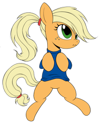 Size: 821x1000 | Tagged: safe, artist:kas92, artist:xn-d, edit, applejack, earth pony, pony, alternate hairstyle, bottomless, clothes, colored, derp, nose wrinkle, on back, ponytail, scrunchy face, shirt, simple background, solo