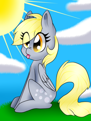 Size: 5000x6662 | Tagged: safe, artist:pegasister2251, derpy hooves, pegasus, pony, absurd resolution, crepuscular rays, female, mare, sitting, solo, tongue out