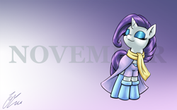 Size: 4000x2500 | Tagged: safe, artist:lovelyneckbeard, rarity, pony, unicorn, clothes, eyes closed, november, scarf, smiling, solo