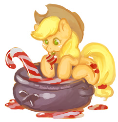 Size: 900x929 | Tagged: safe, artist:purochen, applejack, earth pony, pony, 30 minute art challenge, apple, candy cane, cauldron, christmas, food, mouth hold, solo