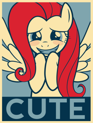 Size: 776x1030 | Tagged: safe, artist:juniberries, fluttershy, pegasus, pony, blushing, cute, female, hope poster, looking at you, shyabetes, smiling, solo, spread wings, teeth, wings