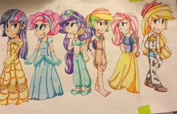 Size: 3159x2032 | Tagged: safe, artist:imtailsthefoxfan, derpibooru import, applejack, fluttershy, pinkie pie, rainbow dash, rarity, twilight sparkle, human, aladdin, barefoot, beauty and the beast, belle, belly button, belly dancer, breasts, cinderella, cleavage, clothes, crossover, disney, disney princess, dress, feet, female, humanized, jasmine, jessie (toy story), mane six, midriff, pocahontas, snow white, sports bra, squaw dash, toy story, traditional art