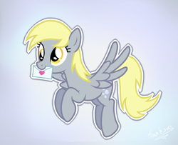 Size: 1600x1300 | Tagged: safe, artist:tina-de-love, derpy hooves, pegasus, pony, female, flying, letter, mare, mouth hold, solo