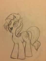 Size: 2448x3264 | Tagged: safe, artist:kittyhawk-contrail, sunset shimmer, pony, unicorn, black and white, cute, grayscale, happy, monochrome, shimmerbetes, sketch, smiling, solo, traditional art