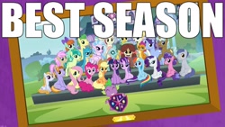 Size: 1920x1080 | Tagged: safe, edit, edited screencap, editor:useraccount, screencap, applejack, fluttershy, gallus, november rain, ocellus, pinkie pie, rainbow dash, rarity, sandbar, silverstream, smolder, spike, starlight glimmer, twilight sparkle, twilight sparkle (alicorn), yona, alicorn, dragon, earth pony, pegasus, pony, unicorn, school daze, season 8, best season, friendship student, image macro, mane seven, mane six, meme, opinion, school of friendship, student six