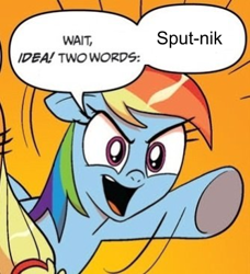 Size: 333x365 | Tagged: safe, derpibooru import, idw, applejack, rainbow dash, earth pony, pegasus, pony, blonde mane, blue coat, blue wings, comic, dialogue, exploitable meme, female, mare, meme, multicolored hair, open mouth, orange background, raised hoof, raised leg, reference, simple background, smiling, speech bubble, sputnik, toy story, toy story 2, two words meme, underhoof, wings