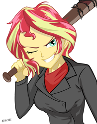 Size: 1123x1440 | Tagged: safe, artist:ngrycritic, sunset shimmer, equestria girls, amc, baseball bat, crossover, evil grin, grin, negan, one eye closed, simple background, smiling, solo, style emulation, the walking dead, white background, wink