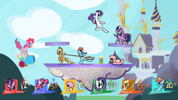 Size: 3840x2160 | Tagged: safe, artist:gyroido, derpibooru import, applejack, discord, fluttershy, pinkie pie, rainbow dash, rarity, twilight sparkle, twilight sparkle (alicorn), alicorn, earth pony, pegasus, pony, unicorn, assist trophy, canterlot, crossover, female, frown, grin, lasso, magic, mane six, mare, mouth hold, parody, party cannon, rope, scared, smiling, smirk, super smash bros., super smash bros. 4