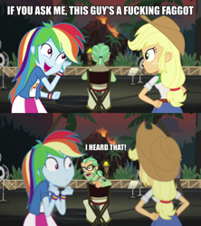 Size: 1080x1214 | Tagged: safe, derpibooru import, edit, edited screencap, screencap, applejack, canter zoom, rainbow dash, equestria girls, movie magic, spoiler:eqg specials, comic, faggot, geode of super speed, image macro, magical geodes, meme, screencap comic, slur, vulgar