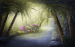 Size: 2838x1800 | Tagged: safe, artist:pterocorn, fluttershy, fish, pegasus, pony, solo, tree, waterfall