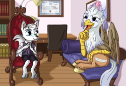 Size: 2000x1375 | Tagged: safe, artist:starbat, fluttershy, oc, oc:dr. wolf, oc:silver quill, anthro, classical hippogriff, hippogriff, a moment with drwolf, book, chair, fainting couch, glasses, male, non-mlp oc, sitting