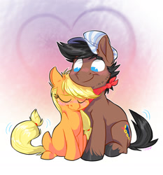 Size: 1789x1921 | Tagged: safe, artist:graystripe64, applejack, full steam, promontory, earth pony, pony, blushing, female, male, promontjack, shipping, straight, tail wag