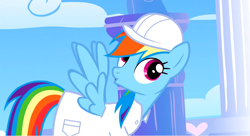 Size: 1098x598 | Tagged: safe, derpibooru import, screencap, rainbow dash, pegasus, pony, sonic rainboom (episode), solo, weather factory uniform