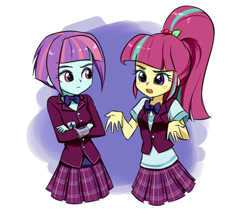 Size: 682x585 | Tagged: safe, artist:twilite-sparkleplz, sour sweet, sunny flare, equestria girls, clothes, crossed arms, crystal prep academy uniform, duo, duo female, female, freckles, looking at each other, pleated skirt, ponytail, school uniform, skirt, sunny flare's wrist devices, uniform