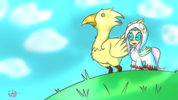 Size: 2560x1440 | Tagged: safe, artist:wolfy-pony, fluttershy, pegasus, pony, chocobo, crossover, final fantasy, white mage