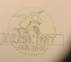 Size: 1891x1641 | Tagged: artist needed, safe, princess celestia, alicorn, pony, drawing, jurassic park, lineart, logo parody, monochrome, parody, photo, traditional art