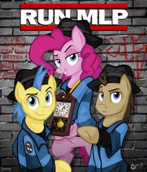 Size: 1526x1785 | Tagged: safe, artist:wolfjedisamuel, doctor whooves, goldengrape, pinkie pie, red delicious, sir colton vines iii, earth pony, pony, testing testing 1-2-3, apple family member, graffiti, hat, pun, rapper pie, run dmc