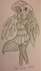 Size: 753x1280 | Tagged: safe, artist:grayflower, fluttershy, anthro, clothes, grayscale, monochrome, scarf, simple background, skirt, solo, traditional art