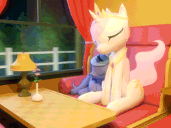 Size: 480x360 | Tagged: safe, artist:spectre-z, princess celestia, princess luna, alicorn, pony, 3d, animated, cuddling, cute, duo, eyes closed, female, filly, foal, gif, hooves, horn, jewelry, low poly, lunabetes, mare, night, pink mane, regalia, s1 luna, sisters, sitting, sleeping, snuggling, tiara, train, train cabin, wings, woona, younger