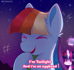 Size: 1175x1108 | Tagged: safe, artist:whiskyice, derpibooru import, rainbow dash, twilight sparkle, pegasus, pony, :t, cute, dashabetes, dialogue, duo, female, manebow sparkle, mare, smiling, this will end in tears, twilight is not amused, unamused