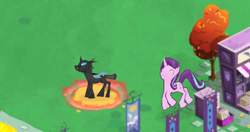 Size: 732x387 | Tagged: safe, starlight glimmer, changeling, pony, unicorn, excited, eyes closed, female, game screencap, gameloft, gameloft shenanigans, happy, mare, prancing, trapped, tree