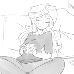 Size: 500x500 | Tagged: dead source, safe, artist:reiduran, sunset shimmer, oc, oc:anon, equestria girls, canon x oc, clothes, eyes closed, grayscale, monochrome, mug, pants, relaxing, shirt, sitting, sketch, smiling, sofa, solo focus