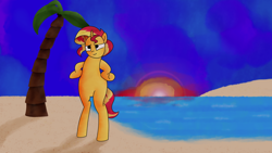 Size: 1024x576 | Tagged: safe, artist:exxticcy, sunset shimmer, pony, unicorn, beach, bipedal, hooves on hips, palm tree, shading, solo, tree, water