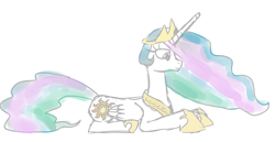 Size: 1600x826 | Tagged: safe, artist:asclearascrystal, princess celestia, alicorn, pony, prone, simple background, solo, white background