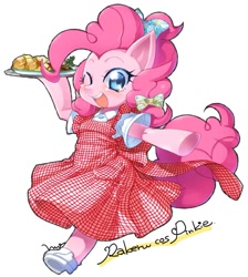 Size: 709x790 | Tagged: safe, artist:mococo, pinkie pie, earth pony, pony, bipedal, bow, clothes, cute, diapinkes, dress, food, hair bow, one eye closed, open mouth, simple background, solo, waitress, wink