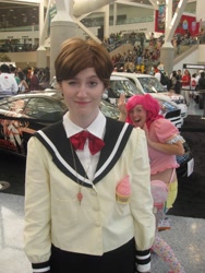 Size: 1200x1600 | Tagged: artist needed, safe, pinkie pie, human, cosplay, crossover, escaflowne, irl, irl human, kanzaki hitomi, photo, photobomb