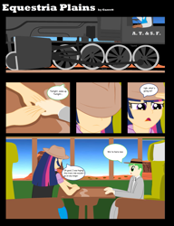 Size: 783x1021 | Tagged: safe, artist:garretthegarret, derpibooru import, spike, twilight sparkle, humanized, train, western