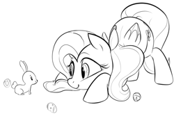 Size: 754x505 | Tagged: safe, artist:dotkwa, fluttershy, pegasus, pony, rabbit, cute, easter, easter egg, face down ass up, grayscale, monochrome, smiling