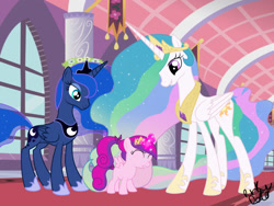 Size: 1600x1200 | Tagged: safe, artist:2-lettdodd, princess celestia, princess luna, oc, oc:clara, castle, female, filly, magic, recolor