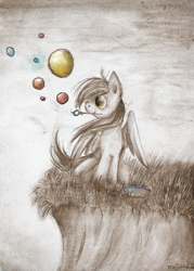 Size: 1138x1590 | Tagged: safe, artist:mufflinka, derpy hooves, pegasus, pony, blowing bubbles, bubble, female, mare, solo, traditional art