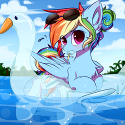 Size: 1500x1500 | Tagged: safe, artist:heddopen, derpibooru import, rainbow dash, pegasus, pony, swan, alternate hairstyle, beach, beautiful, blushing, chest fluff, cute, dashabetes, ear fluff, eye clipping through hair, female, fluffy, food, inflatable, inflatable toy, mare, pool toy, popsicle, solo, sunglasses, wings