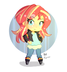 Size: 900x979 | Tagged: safe, artist:akaryuusei, sunset shimmer, human, equestria girls, abstract background, chibi, cute, female, hand on hip, looking at you, shimmerbetes, solo