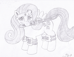 Size: 1292x1005 | Tagged: safe, artist:mc-ryan, fluttershy, pegasus, pony, cute, headband, katana, knee pads, monochrome, solo, sword, traditional art, weapon