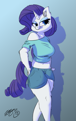 Size: 915x1467 | Tagged: safe, artist:093, rarity, anthro, bedroom eyes, belly button, breasts, clothes, ear fluff, female, fluffy, midriff, shorts, smiling, solo