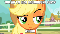 Size: 888x499 | Tagged: safe, applejack, derpy hooves, earth pony, pegasus, pony, background pony, background pony applejack, female, mare, op is a cuck